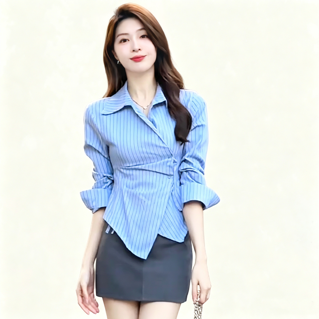 Bived S-2XL เสื้อเชิ้ตแขนยาวผู้หญิงเกาหลี สีฟ้าคอวี ทรงเข้ารูป