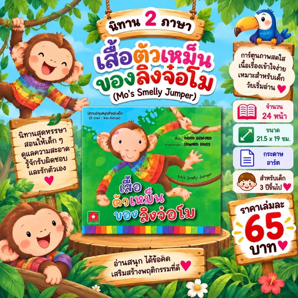 Aksara for kids หนังสือเด็ก นิทาน 2 ภาษา เสื้อตัวเหม็น ของลิงจ๋อโม