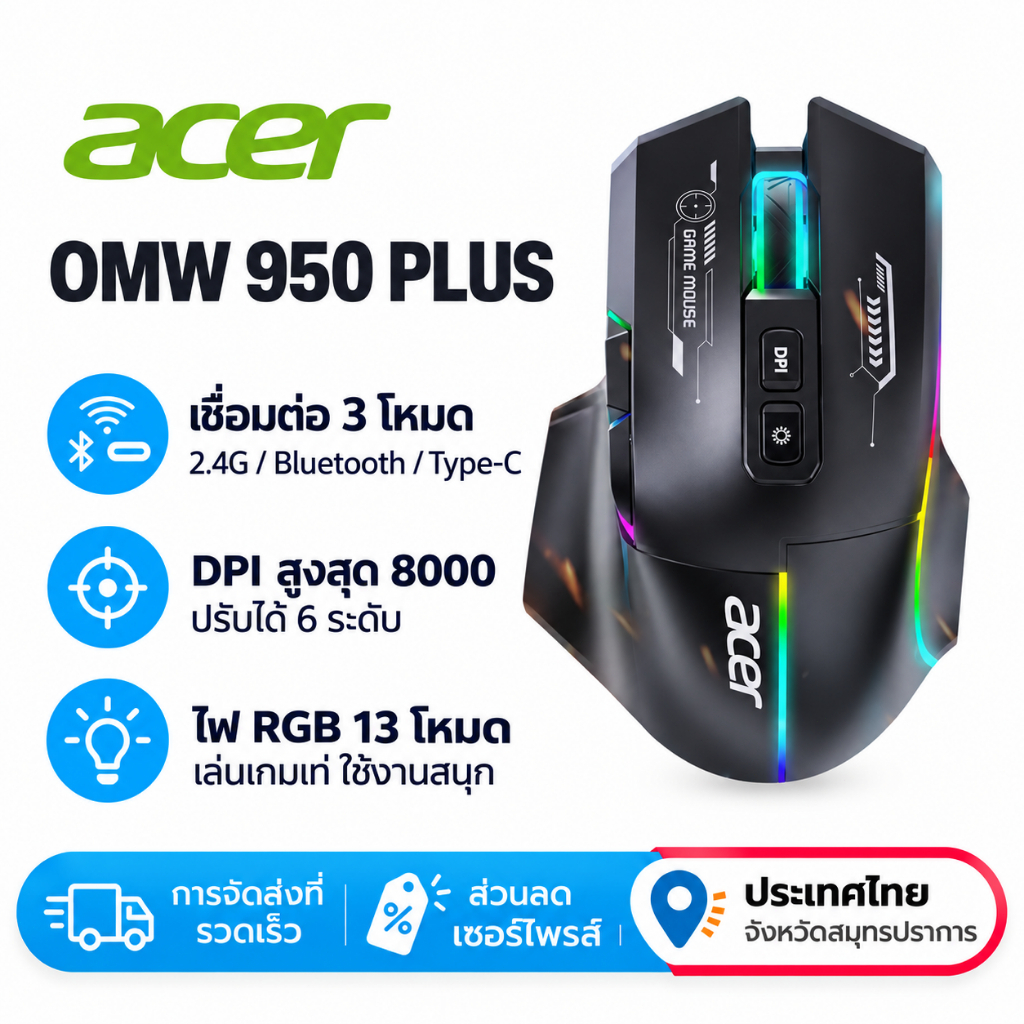 Acer OMW950 Plus เมาส์เกม 3โหมด 2.4G บลูทูธ 8000DPI ไฟ RGB แฟนซี เมาส์เล่นเกมส์ PC คอมพิวเตอร์