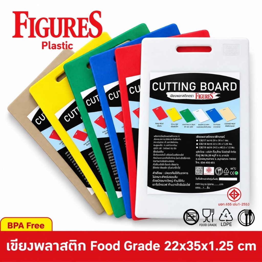 Figure เขียง เขียงสี เขียงพลาสติก เขียงพลาสติกหลายสี Food Grade ขนาด 22x35x1.25 cm รุ่น CB218