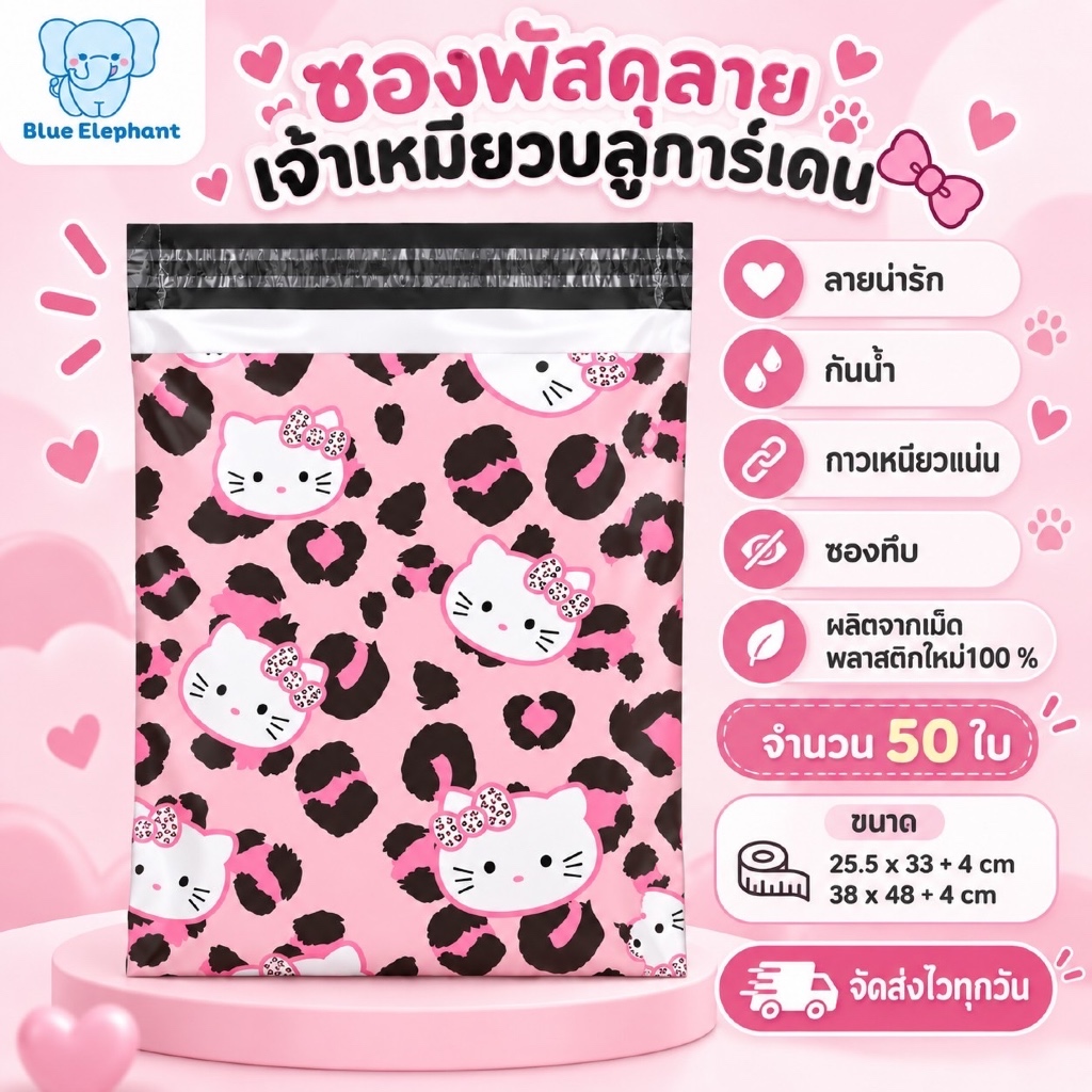 Blue Elephant ซองพัสดุ(50ใบ) พิมพ์สีลายkt เสือดาว  กันน้ำ ซองหนา เหนียว ใช้งานสะดวก