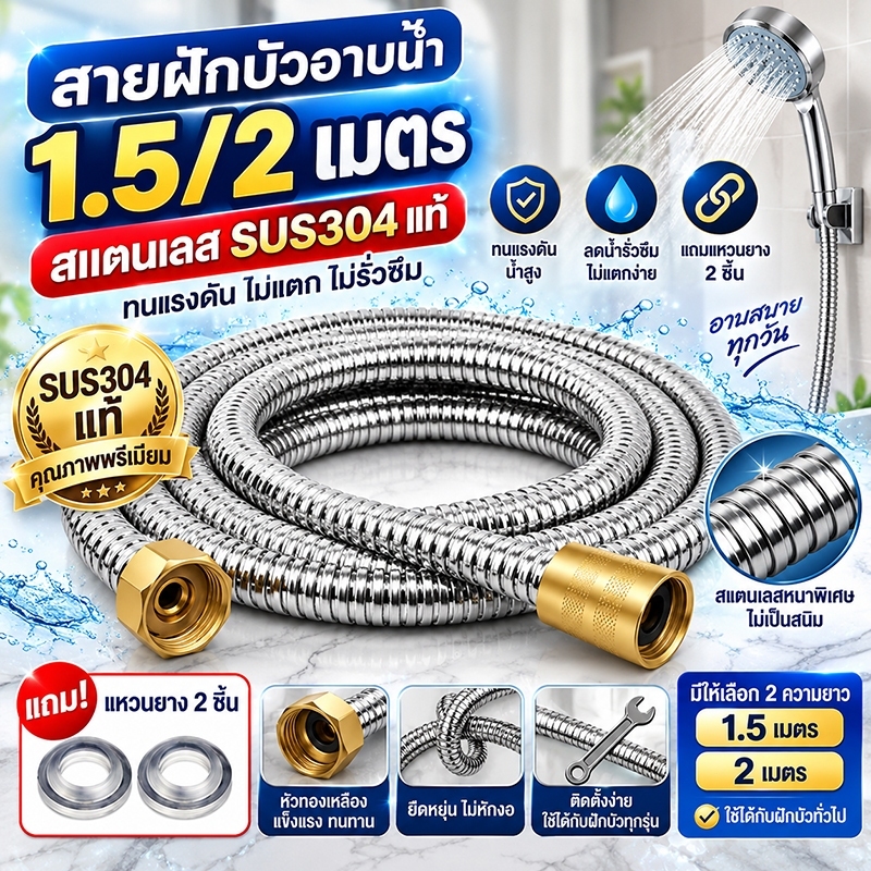 สายฝักบัว สายฝักบัวสแตนเลส 304 สายฝักบัวอาบน้ำ 1.5M/2M สายอ่อนฝักบัว ข้อต่อมาตรฐาน ยืดหยุ่น ไม่หักงอง่าย ติดตั้งง่าย