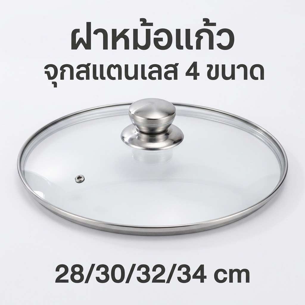 ฝาหม้อทำจากแก้ว จุกสแตนเลส ผลิตจากแก้วใส สำหรับหม้อขนาด 28/30/32/34 เซนติเมตร