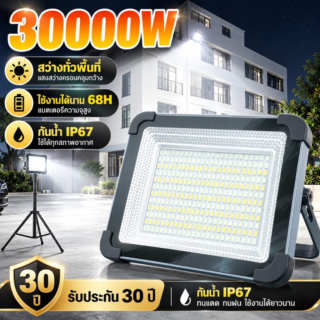 30000W สปอตไลท์พกพา ไฟฉุกเฉิน ไฟพกพาอเนกประสง IP67กันน้ำกันฟ้าผ่า ไฟ4สี+ไฟเตือน ไฟดับฉุกเฉิน สว่างมาก Solar floodlight