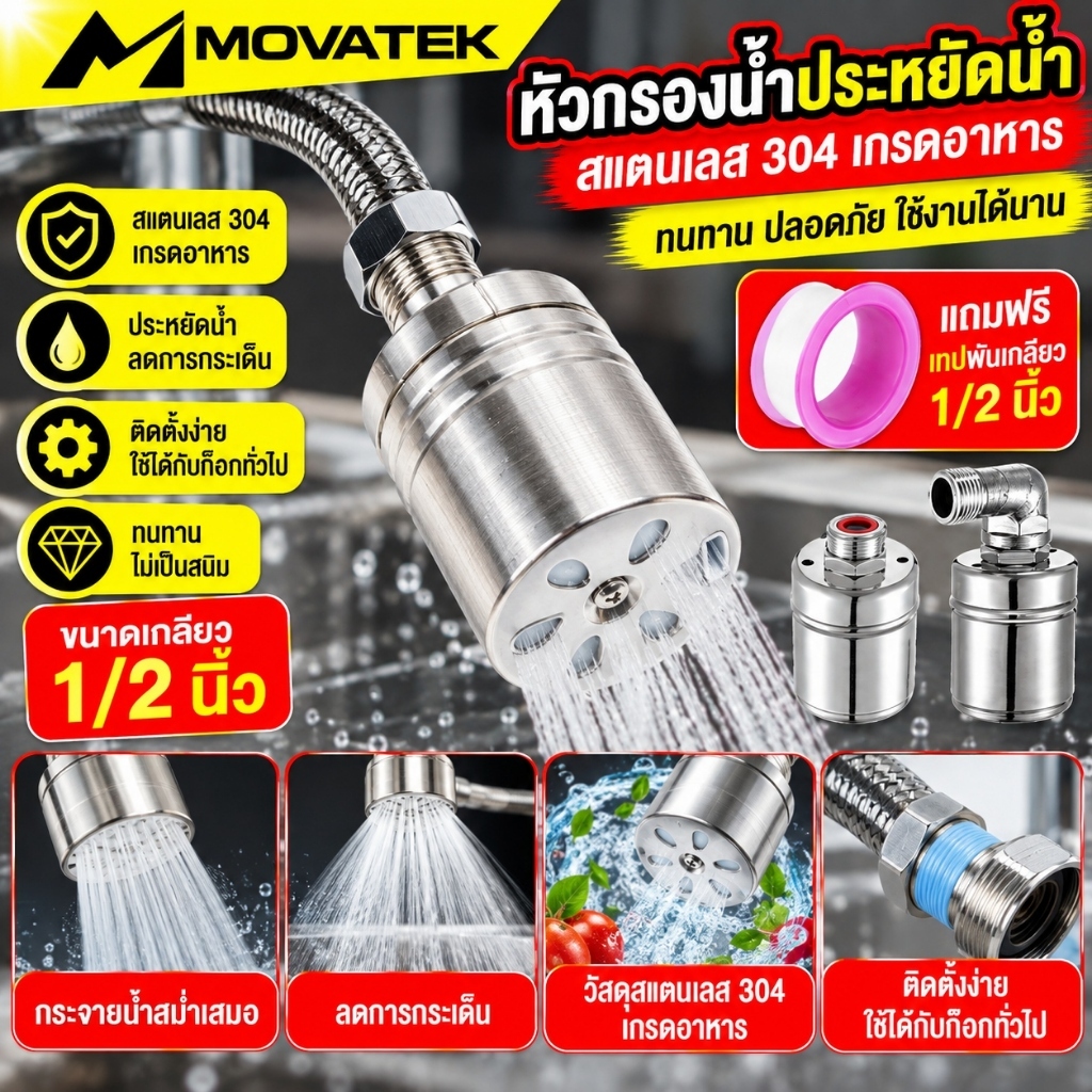 MOVATEK วาล์วลูกลอยควบคุมระดับน้ำอัตโนมัติ 1/2 นิ้ว สแตนเลส 304 ตัดน้ำเมื่อน้ำเต็ม