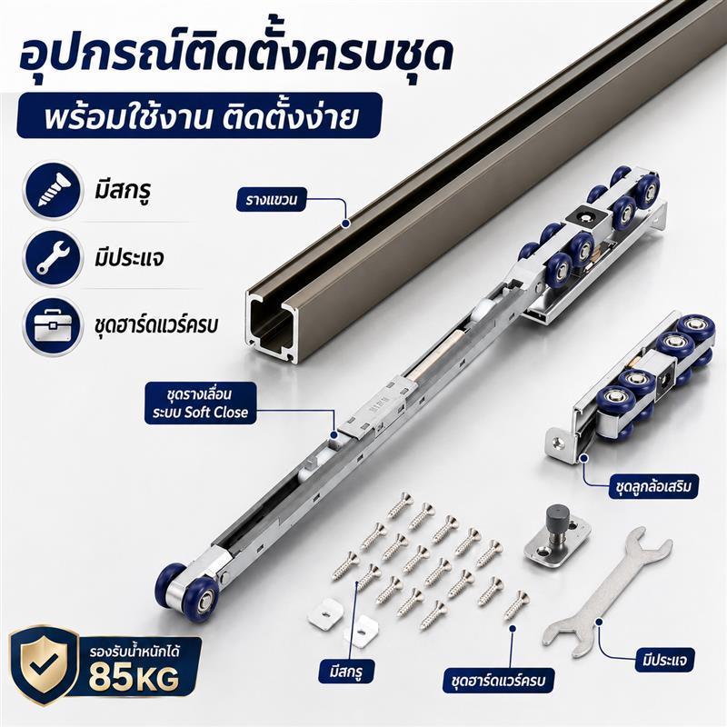 ล้อรางแขวน ชุดลูกล้อประตูบานเลื่อน SOFT-CLOSE แบบโลหะ รับน้ำหนักได้85kg เลื่อนราบลื่นเงียบ แข็งแรงทนทาน ฟรีชุดติดตั้งครบ