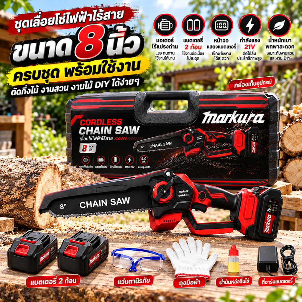 MARKURA เลื่อยโซ่ไฟฟ้าไร้สาย 8 นิ้ว กำลังแรง แบตเตอรี่ลิเธียม เลื่อยตัดไม้ ตัดกิ่งไม้ เครื่องเลื่อยโซ่ สำหรับงานสวน