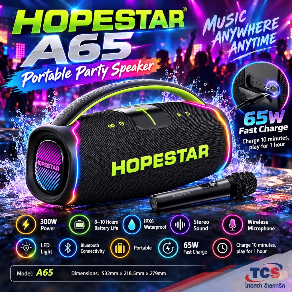 HOPESTAR รุ่น A65 ลำโพง Bluetooth 300 วัตต์ กันน้ำ IPX6 ปรับเสียงเบส 3 โหมด ของแท้ประกันศูนย์ไทย 1ปี