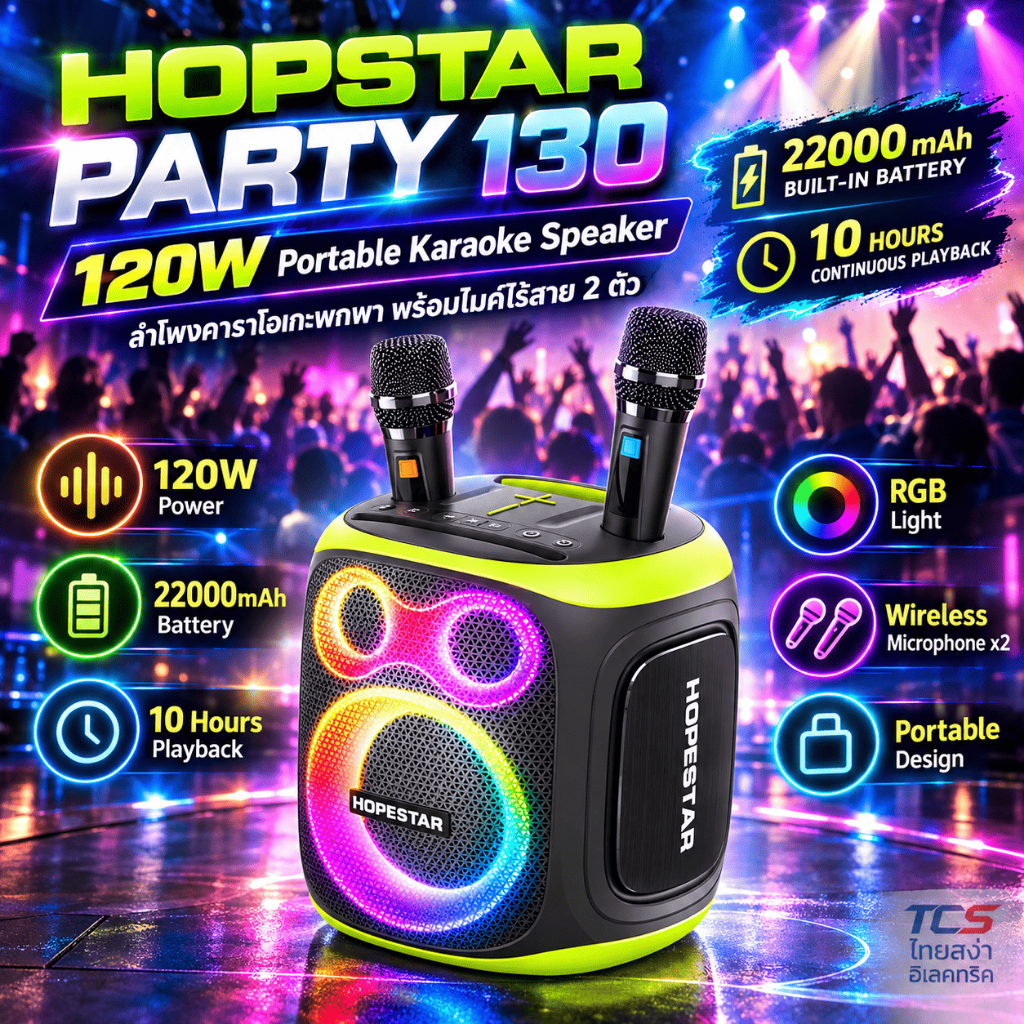 HOPESTAR PARTY 130 ลำโพงบลูทูธ 120W พร้อมไมค์ไร้สาย 2 ตัว แบต 22000mAh เล่นได้นาน 6-10 ชม. ไฟ RGB