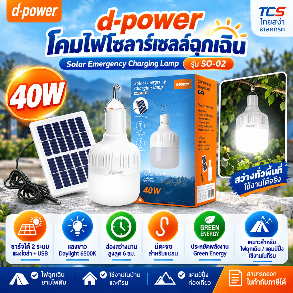 d-power โคมไฟโซล่าเซลล์แผงโมโน 40W รุ่น SO-02 ชาร์จได้ 2แบบ เปิด-ปิดไฟอัตโนมัติ แสงขาว Daylight