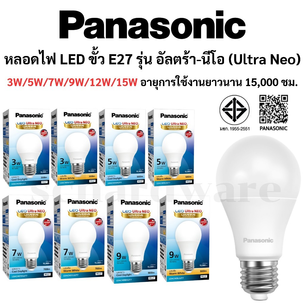 PANASONIC หลอดไฟ LED Bulb ขั้ว E27 3W 5W 7W 9W 12W 15W รุ่น Ultra NEO ประหยัดไฟคุณภาพสูง สว่าง ถนอมสายตา