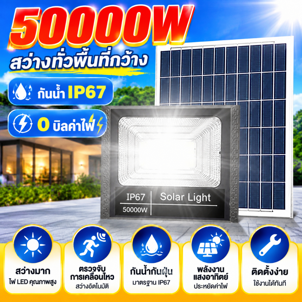 ไฟ LED โซล่าเซลล์ 50000W ไฟถนน โซล่าเซลล์ solar cell กันน้ำกันฟ้าผ่า ไฟสวนโซล่าเซลล์ ไฟรีโมท