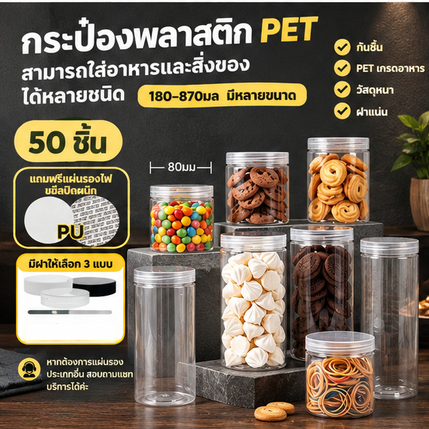กระปุกพลาสติก PET กระปุกฝาเกลียวใส กันชื้น เกรดอาหาร กระปุกใส่พริก เก็บลูกอม ผลไม้อบแห้ง รับขายส่ง