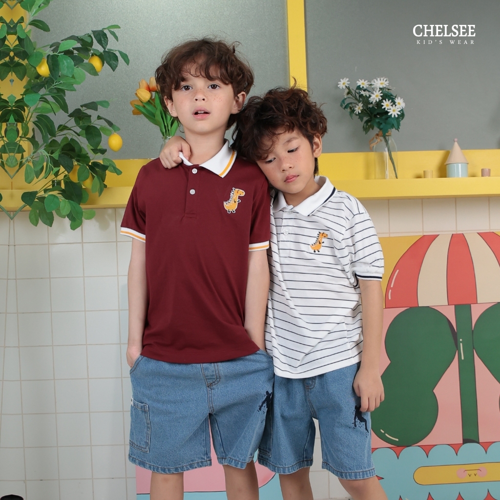 Chelsee قميص بولو أولاد قطن مقلّم بتطريز ديناصور — صورة 2