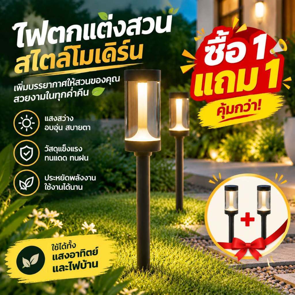 【พร้อมส่งจ้า】ไฟโซล่าเซลล์ปักดิน ไฟสนามหญ้ากลางแจ้ง แสงวอร์มไลท์ กันน้ำ IP65 ใช้งานง่าย