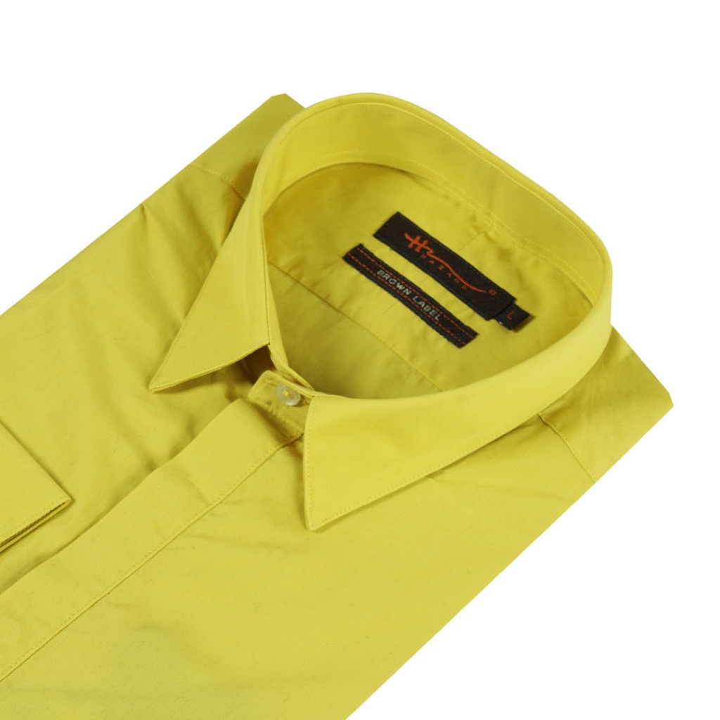 Hazard เสื้อเชิ้ตแขนยาวสีพื้น เนื้อผ้า cotton (คอตตอน) สีเหลืองเข้ม