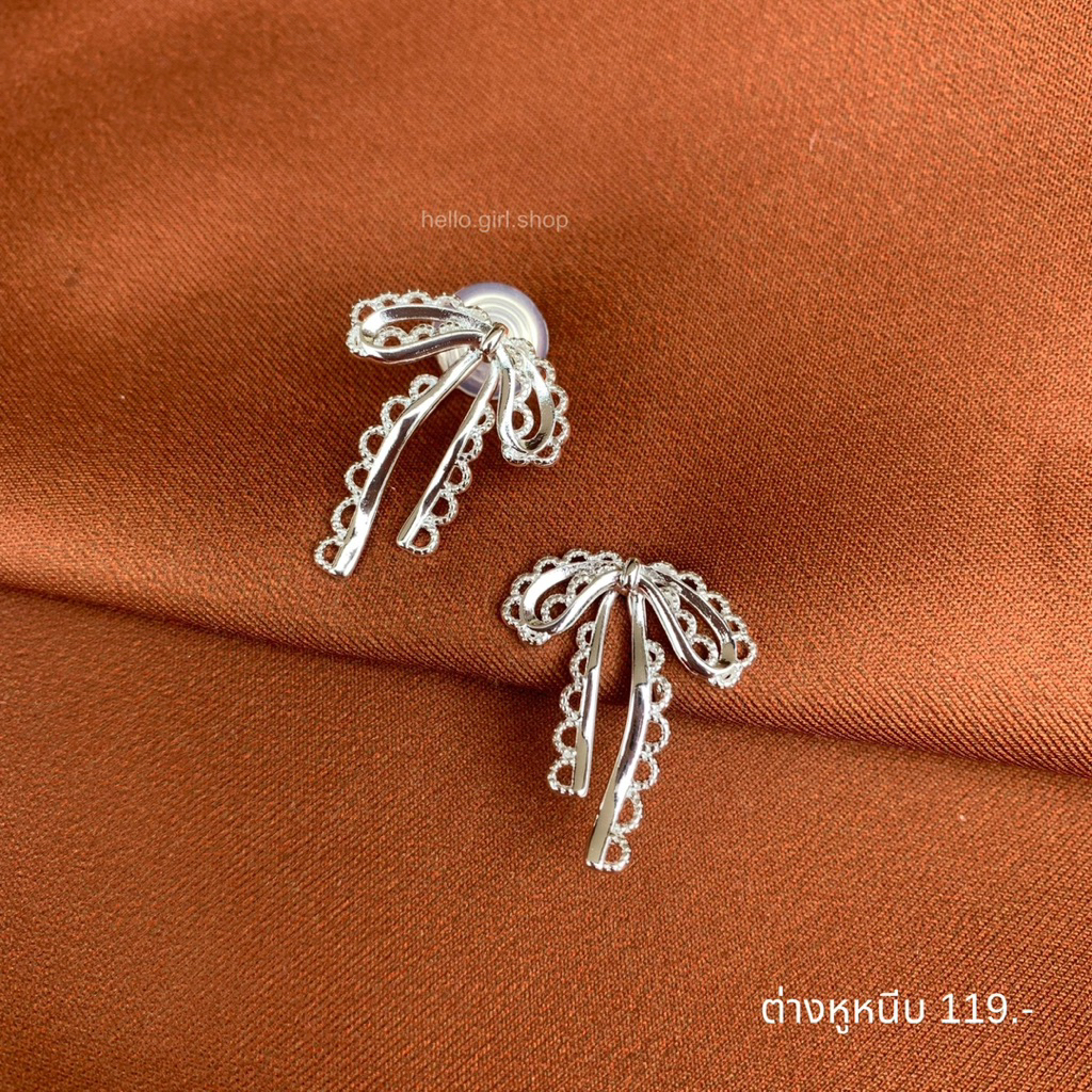 ( ต่างหูหนีบ ขดลวด ) ต่างหูโบว์ สีเงิน