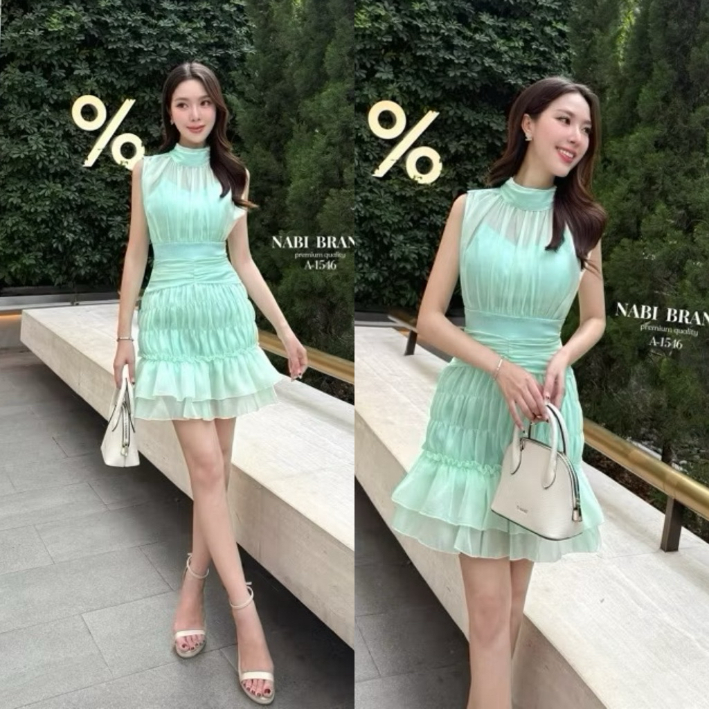 พร้อมส่ง•NABI•มินิเดรสชีฟองสีเขียวละมุน ทรงแขนกุดผ้าสองชั้น
