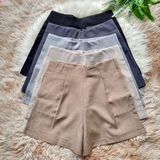 กางเกงขาสั้นผ้าโซดา S-2XL จีบหน้า ซิปหลัง เอวสูง เป้าลึก เข้…