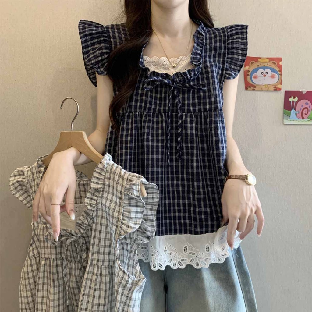 STYLE#เสื้อเชิ้ตแขนสั้นลายสก็อตแขนลอยเล็กปลอมสองชิ้นไซส์ใหญ่ผู้หญิงฤดูร้อนไซส์ใหญ่ชายลูกไม้ด้านบน รุ่น99172