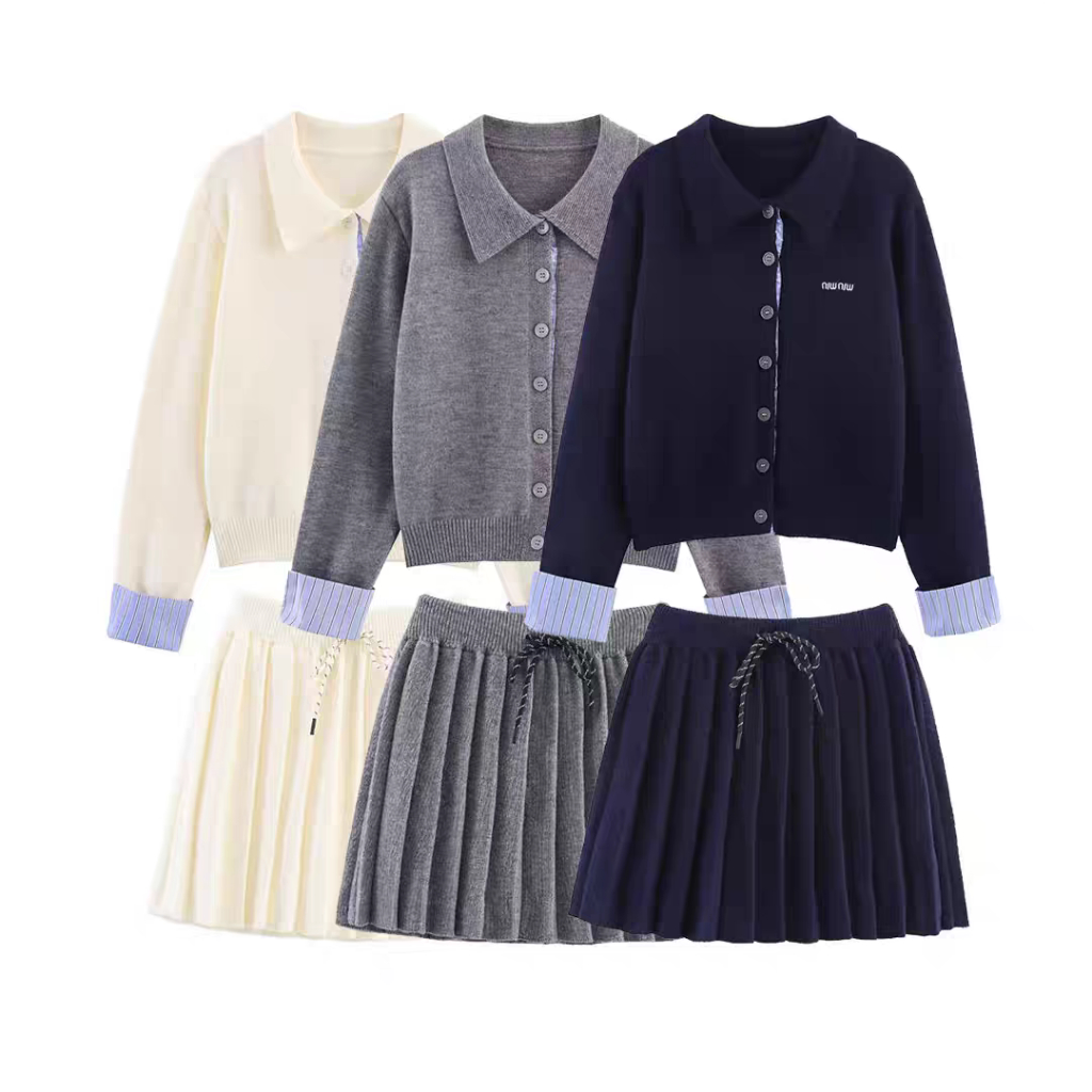 พร้อมส่ง 3สี ชุดเซ็ตไหมพรมกันหนาว เสื้อสเวเตอร์แขนยาวกับกระโปรงสั้นระบาย (S272)