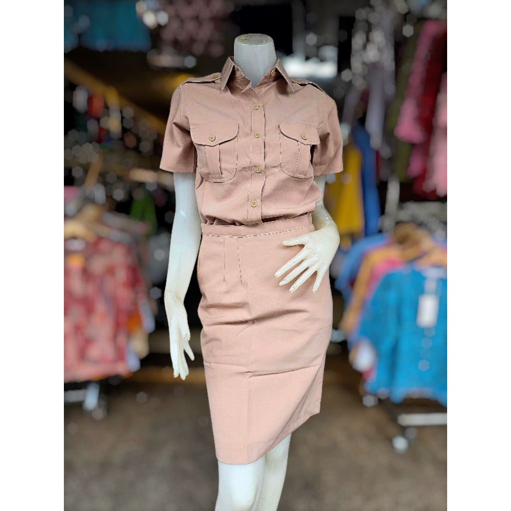 เอว 24 - 44 ชุดกากี ชุดข้าราชการ ชุดลูกเสือครู ผู้หญิง เสื้อเชิ๊ตแขนสั้น+กระโปรง