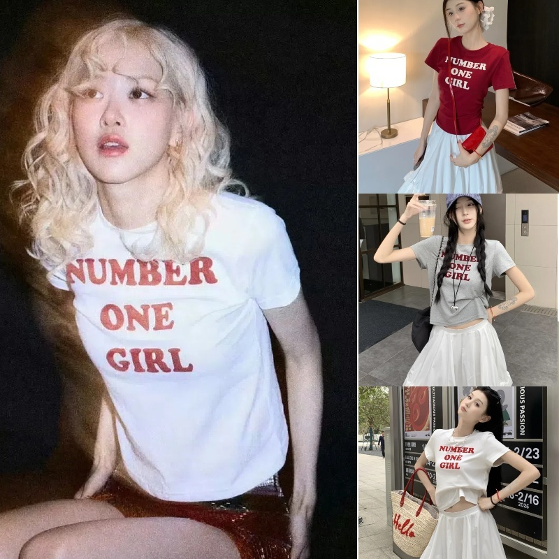cherryshop พร้อมส่ง เสื้อยืดครอปผู้หญิงสไตล์เกาหลีY2K คอกลม สไตล์สลิมฟิต การออกแบบพิมพ์ลายโมโนแกรม สวมใส่สบาย