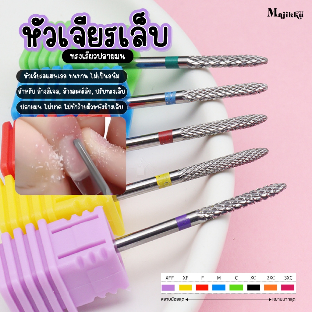 Majikku หัวเจียรเล็บทรงเรียวปลายมน เจียรพื้นผิวเล็บให้เรียบ ลื่น ไม่มีสะดุด ไม่ร้อนหน้าเล็บ Carbide
