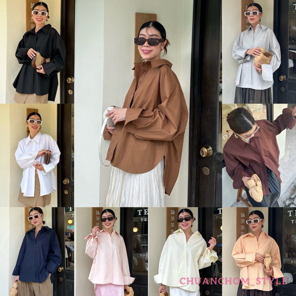 ส่งด่วน🔖StudioX2 #6787 เสื้อเชิ้ตทรงโอเวอร์ไซส์ ชายโค้ง หน้าสั้นหลังยาว เดินตะเข็บคู่ทั้งตัวคอกว้าง  เนื้อผ้าเชิ้ตcotton