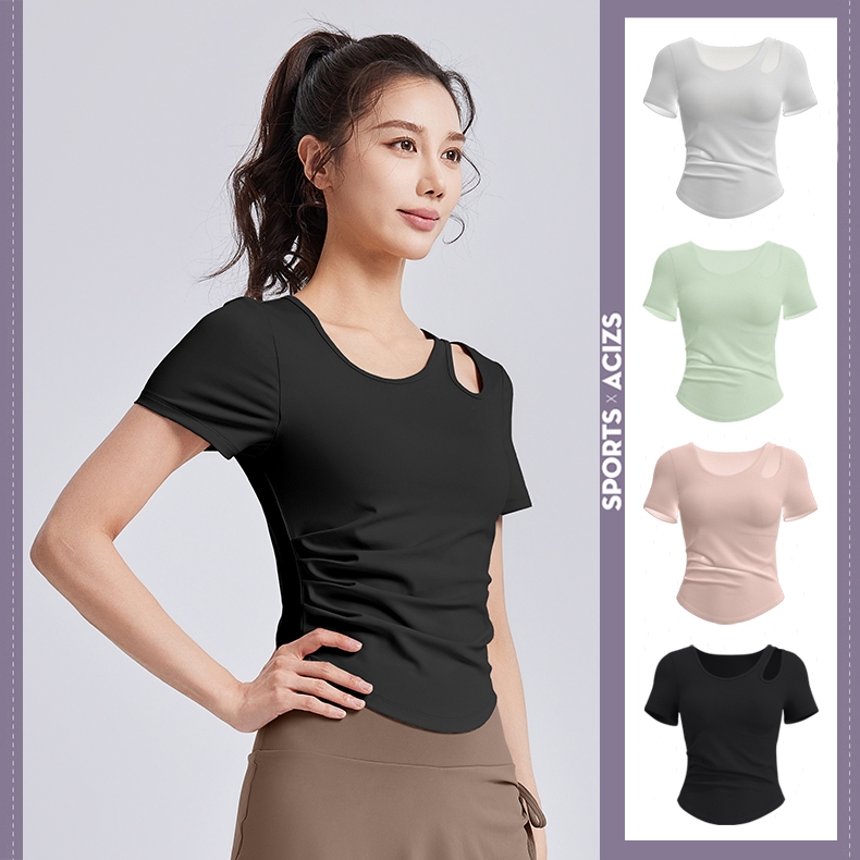 mvp sport ชุดกีฬาผู้หญิง ท็อปโยคะ สีพื้น คอกลม แขนสั้น แผ่นรองหน้าอกในตัว แขนสั้นโยคะกันกระแทกความแข็งแรงสูง
