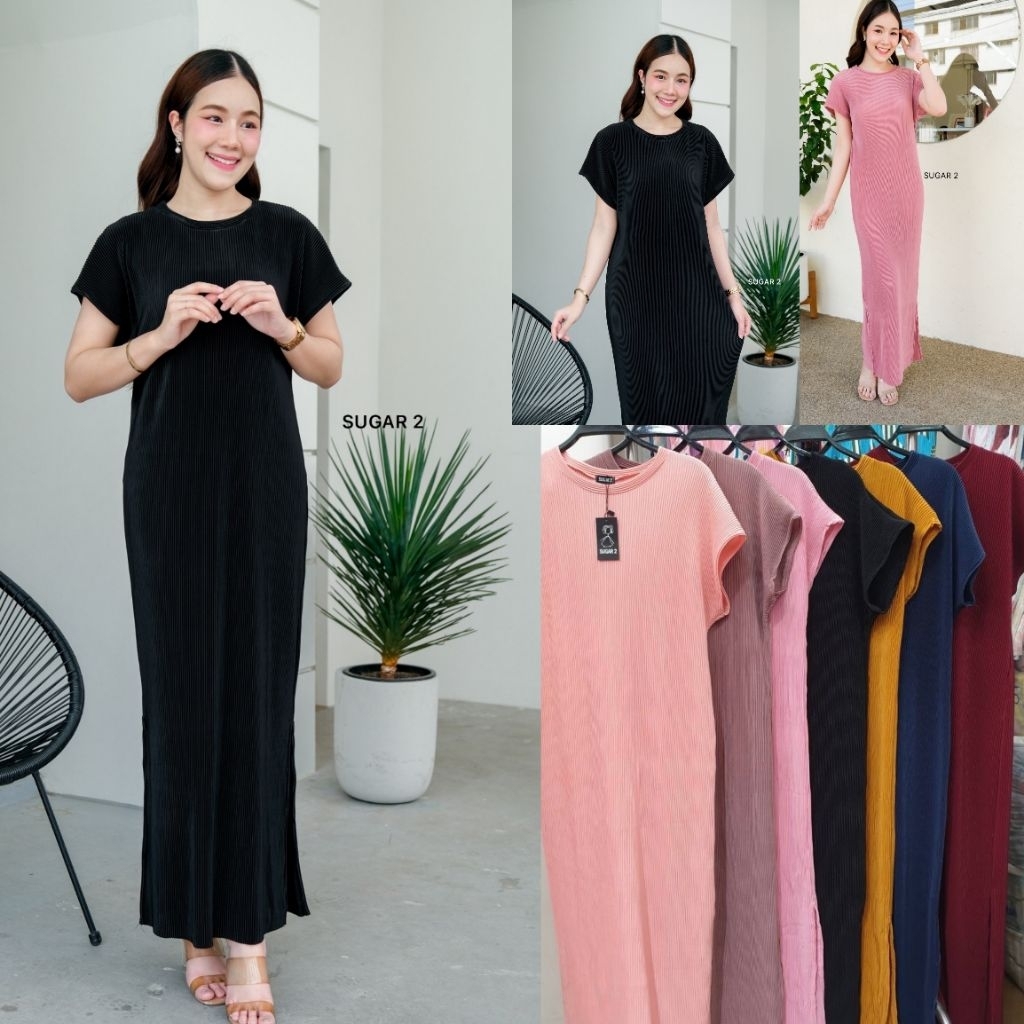 📌เดรสอัดพลีท คอกลม แขนล้ำ ผ่าข้าง มี7สี  ชนาดหรีไซส์ อก 36-46นิ้ว ยาว 50นิ้ว