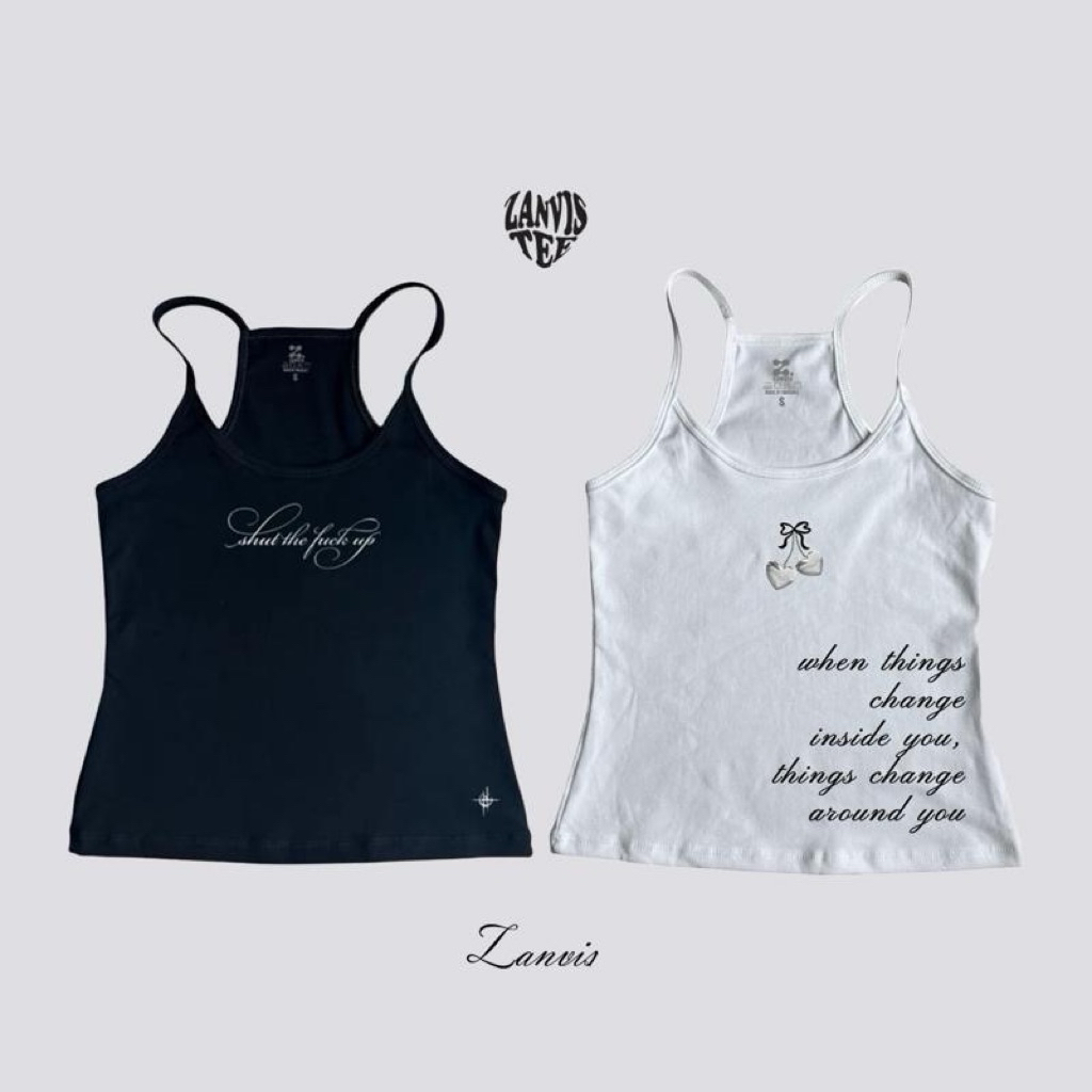 (Zanvis )เสื้อสายเดี่ยว(Spaghetti strap top)สกรีนลาย ผ้าคอตตอลยูนิ ยืดเยอะ