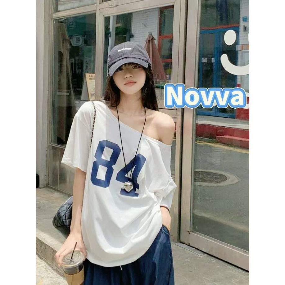ส่งไวจากไทย 100%cotton เสื้อยืดผู้หญิง เสื้อปาดไหล่ สไตล์ย้อนยุคแบบอเมริกัน ทรงหลวม Novva