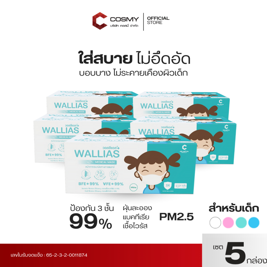 [แบบ เซ็ต 5 กล่อง] Wallias หน้ากากอนามัยทางการเเพทย์ สำหรับเด็ก แมส หนา 3 ชั้น ป้องกันฝุ่น เชื้อโรค
