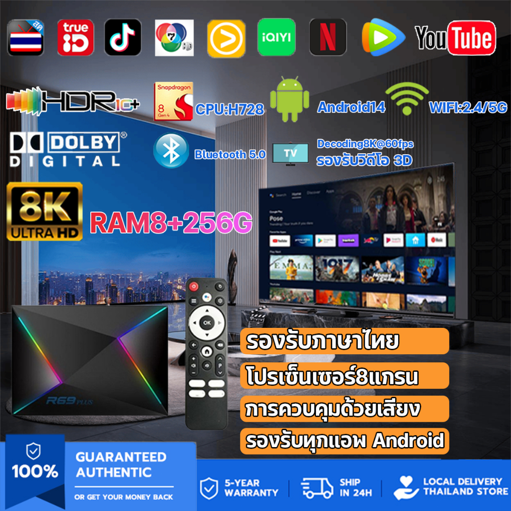 รองรับแอปทั้งหมด android tv box 8K HD รองรับภาษาไทย  8+256G android box Google Store YouTube  และ Ne