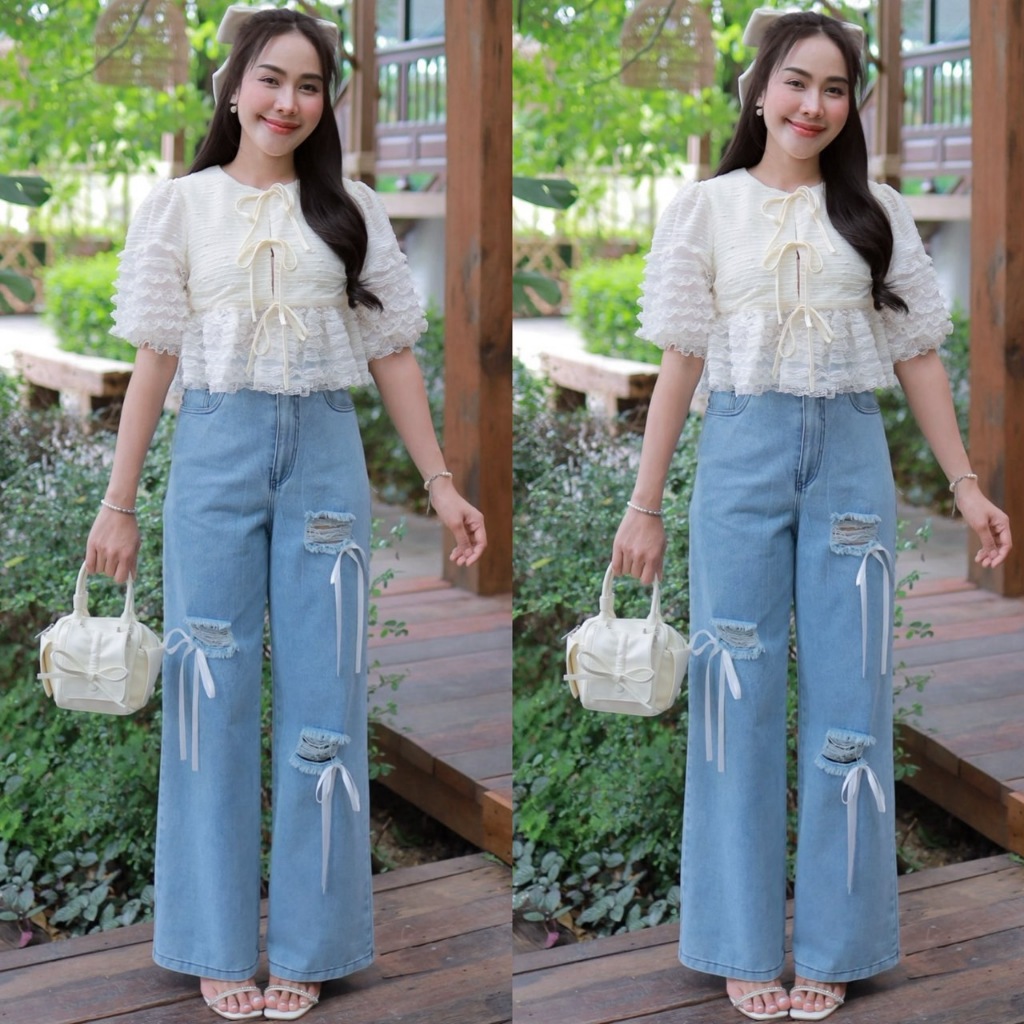 Thealner-AN525 (เซตเสื้อครีมแต่งโบว์หน้ากางเกงยีนส์ขายาว)