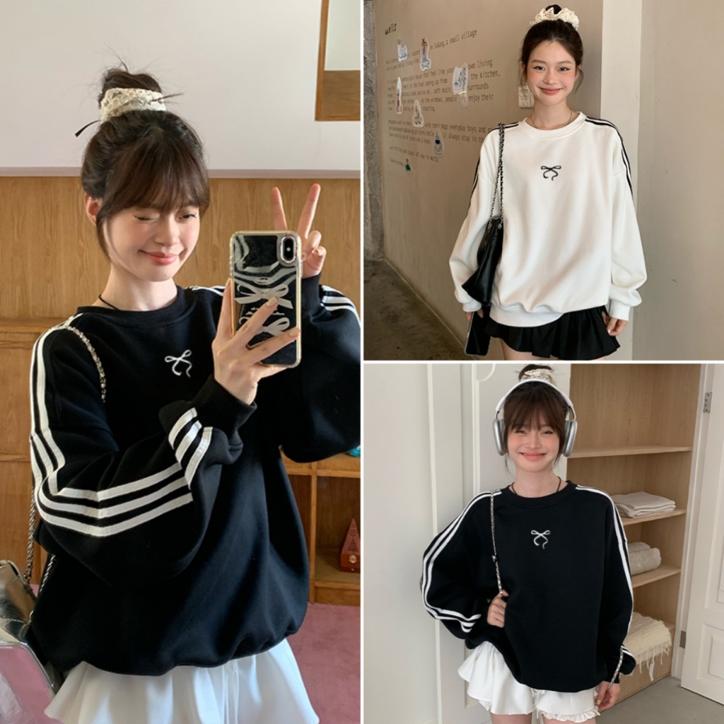 Hotgirl พร้อมส่ง เสื้อสเวตเตอร์ผู้หญิง เสื้อกันหนาวแขนยาว คอกลมแบบ พิมพ์โบว์ สไตล์สปอร์ต