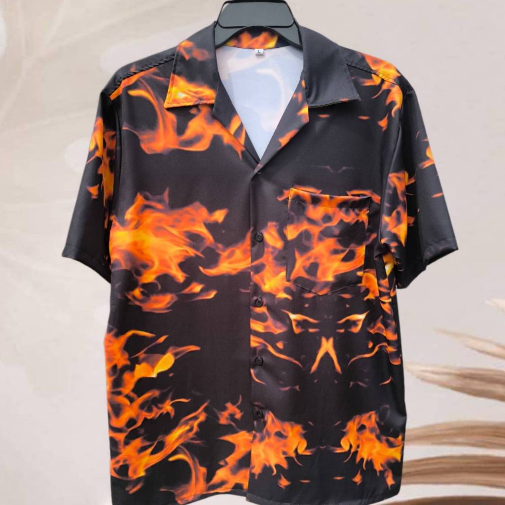 เสื้อเชิ้ตฮาวาย ลายเปลวไฟ (พื้นสีดำ) ผ้าไหมอิตาลี