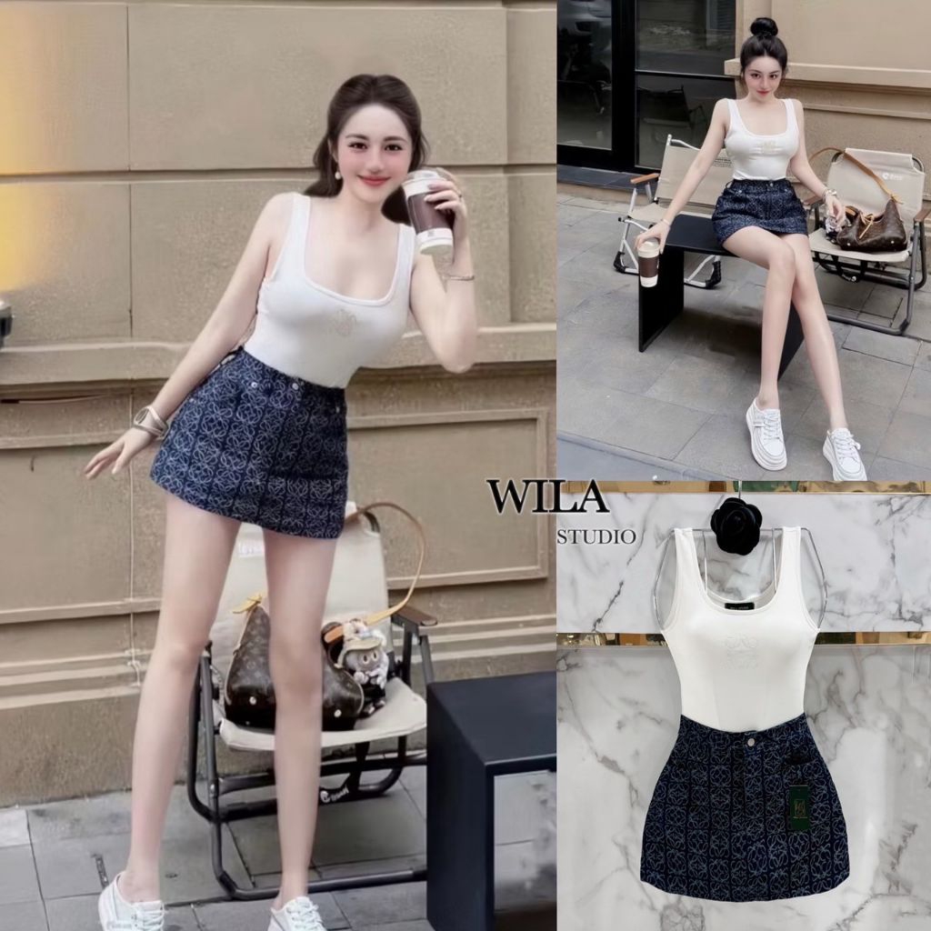 WILA SETเสื้อ+กระโปรงงานบอดี้สูททรงกล้าม มาในโทนสีขาวแต่งปักแบรนด์น้องโล