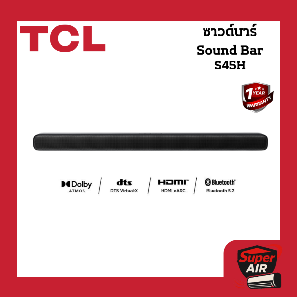 TCL Sound Bar พลังเสียง 100W, Bluetooth 5.1 ขนาด 810 มิลลิเมตร 2.0 Channel รุ่น S45H