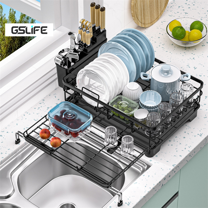 GSlife ชั้นวางจาน 2ชั้น ไม่ต้องประกอบ แบบยืดหดได้  พร้อมถาดรองน้ำหยด