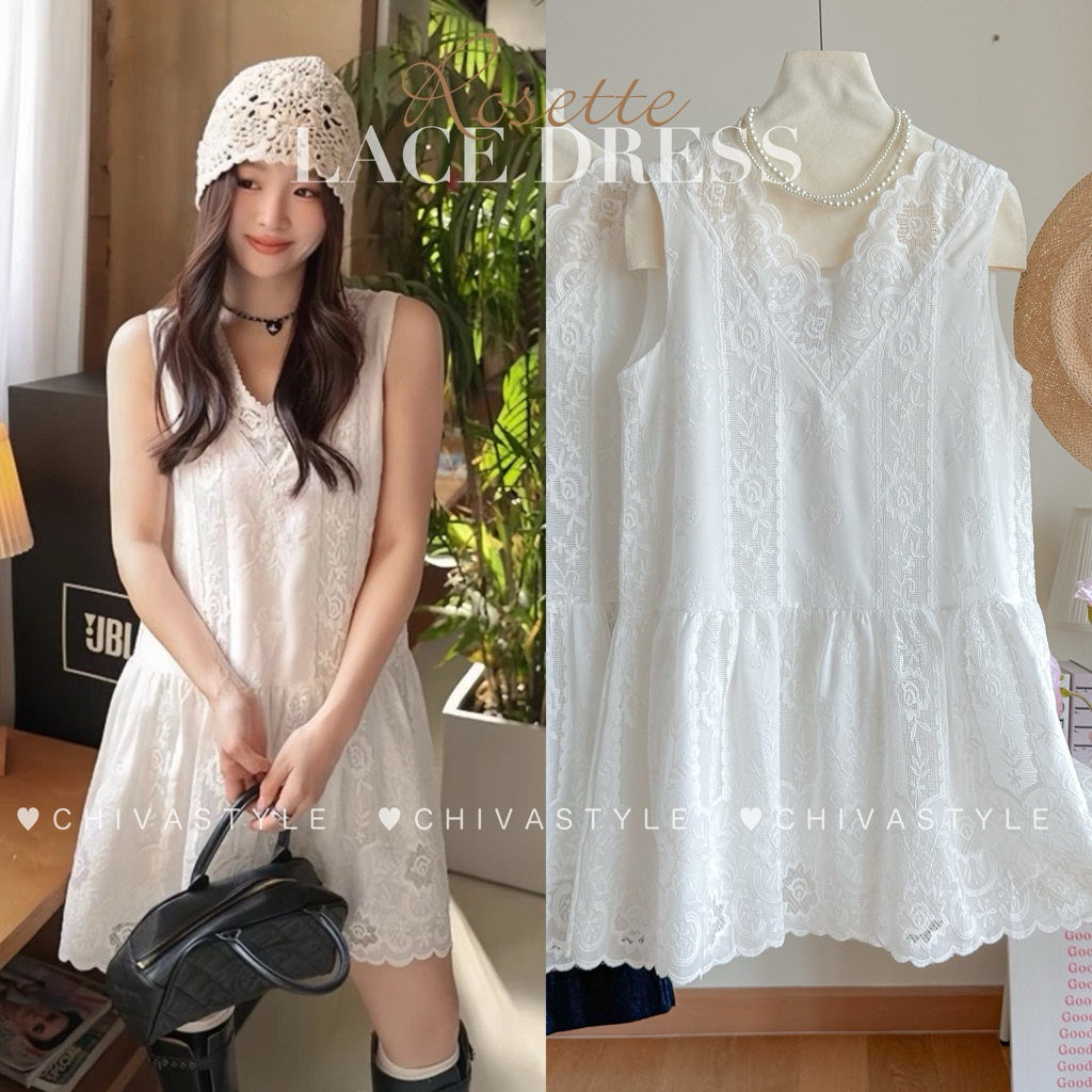 -𝐂𝐡𝐢𝐯𝐚- (แบบสวมหัว) Rosette Lace Dress | เดรสลูกไม้แขนกุด สไตล์วินเทจลายกุหลาบ