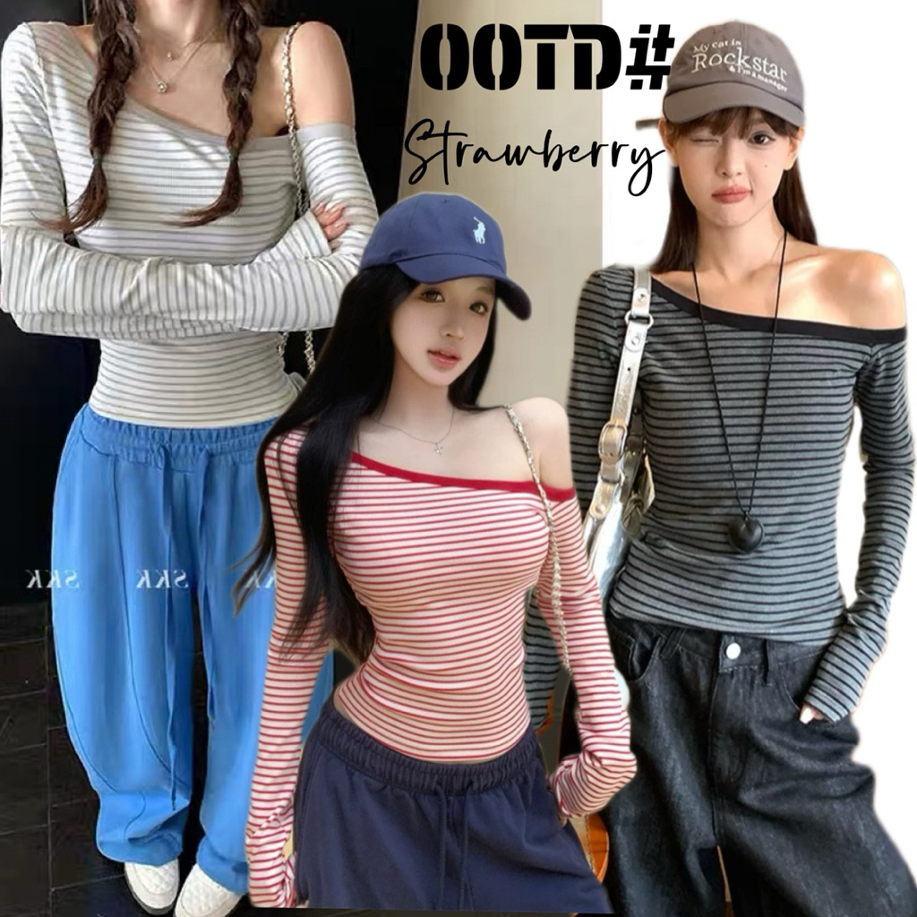 STR พร้อมส่ง🦄🎧เสื้อยืดแขนยาว เสื้อปาดไหล่ลายทางสีตัดกัน เสื้อครอปรัดรูป ผ้าดี แต่งตัวง่าย แฟชั่นผู้หญิงสไตล์เกาหลีสุดฮอต