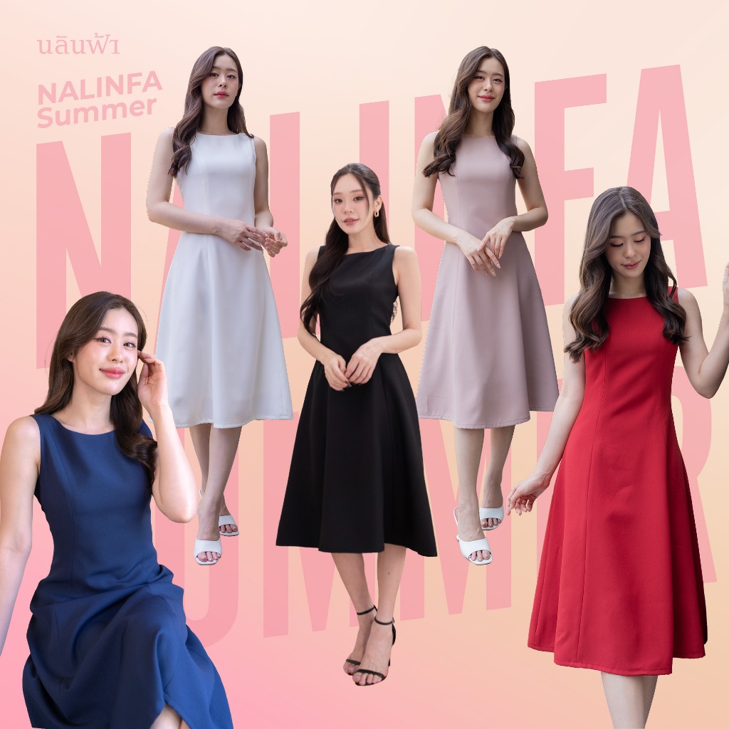 NALINFA Summer (Red/White/Smoky Pink/Blue/Black) -  เดรสแขนกุดสีกรมท่า กระโปรงทรงย้วยนิดๆ By Nalinfa