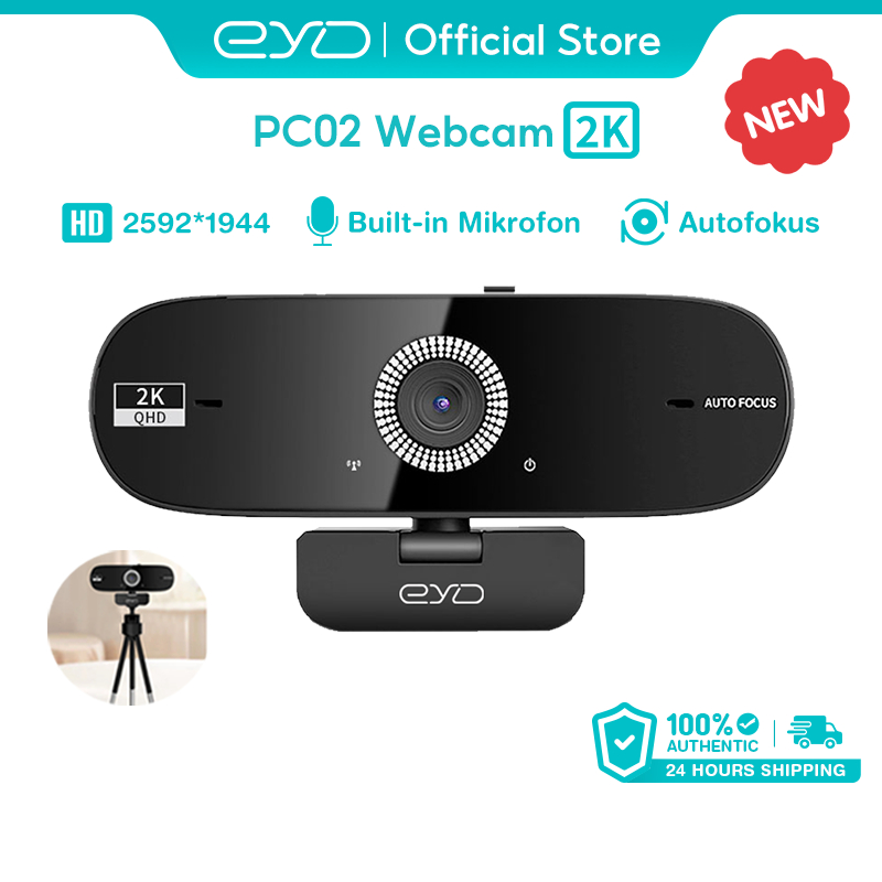 EYD PC02 เว็บแคมถ่ายทอดสด Full HD 2K โฟกัสอัตโนมัติรวดเร็ว 5MP ไมโครโฟนตัดเสียงรบกวนในตัว เว็บแคม US
