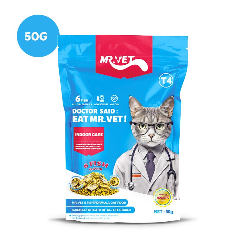 MR.Vet อาหารแมว T4 50g. 6ปลาพร้อมโจ๊กแห้งแช่แข็งความไวต่ําอาหารแมวแห้งดูแลในร่ม