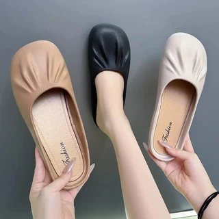 พร้อมส่งจากไทยรองเท้า 【6874】 คัทชูสีเบจพื้นเบสิคใส่สบายสวมง่ายไม่เจ็บเท้าหน้าเท้ากว้างใส่ได้