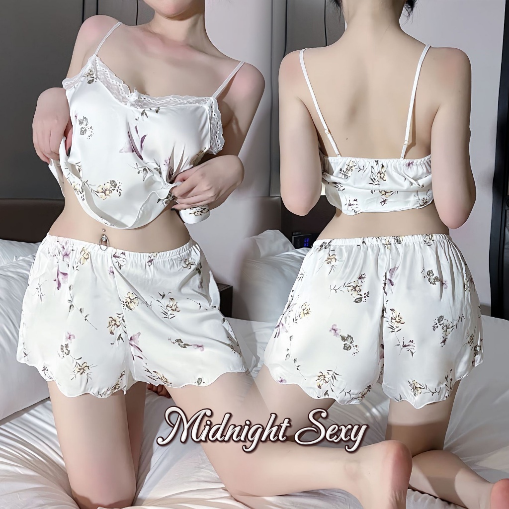Midnight Sexy🫧เซตชุดนอน ชุดอยู่บ้าน silk ใส่สบาย สายเดี่ยว+shorts  ลายดอกไม้ ผ้าใส่สบาย คอวี