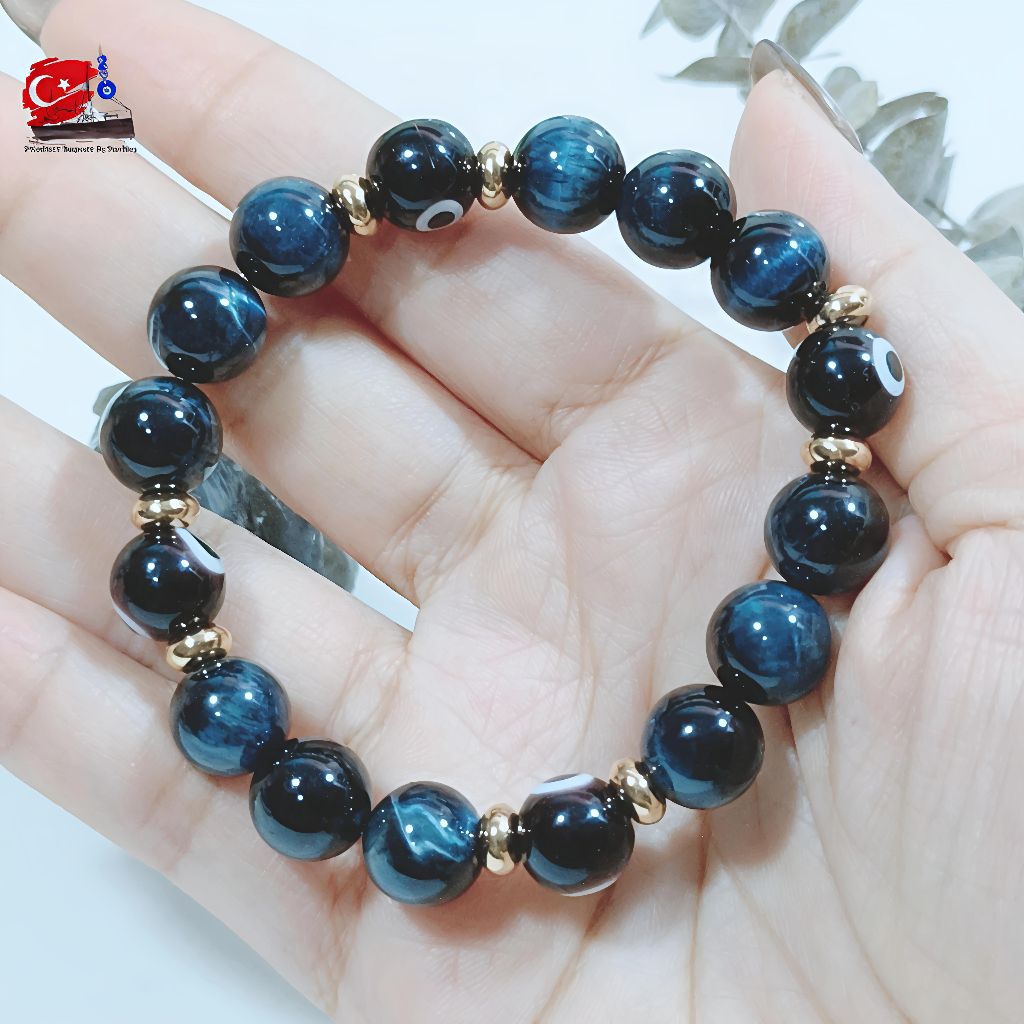 ข้อมือหินบลูไทเกอร์เกรดA+Evil Eye สีดำ 10มิล เกราะป้องกันและเข็มทิศนำทางในชีวิต ด้วยสติ