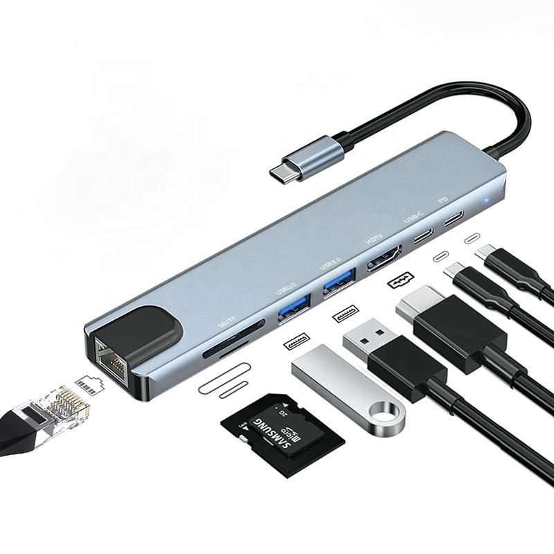 Type c ถึง Usb 8 In 1พร้อม HDMI 4K, PD 100W, , USB 3.0, RJ45 , เครื่องอ่านการ์ด SD / T